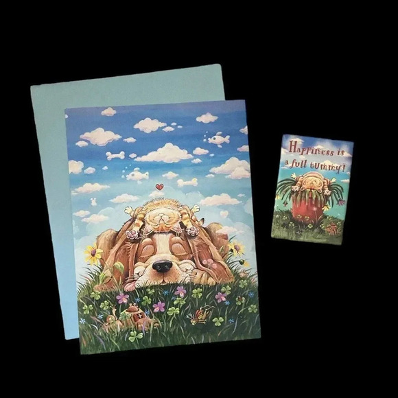 Combo Vintage Greeting Card & Magnet LAZY DAY AFTERNOON Gary Patterson Cat Dog - Picture 1 of 16